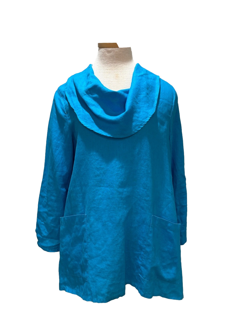 Ali Miles sz L turquoise 100% linen tunic top with roll tab sleeves